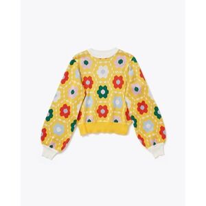 ban.do Quilted Balloon Sleeve Mod Floral Sweater Yellow Medium